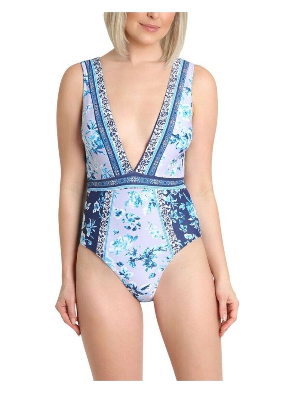 🆕NANETTE LEPORE Priya Plunge Lavendar Trails Floral One Piece Swimsuit Blue 6
